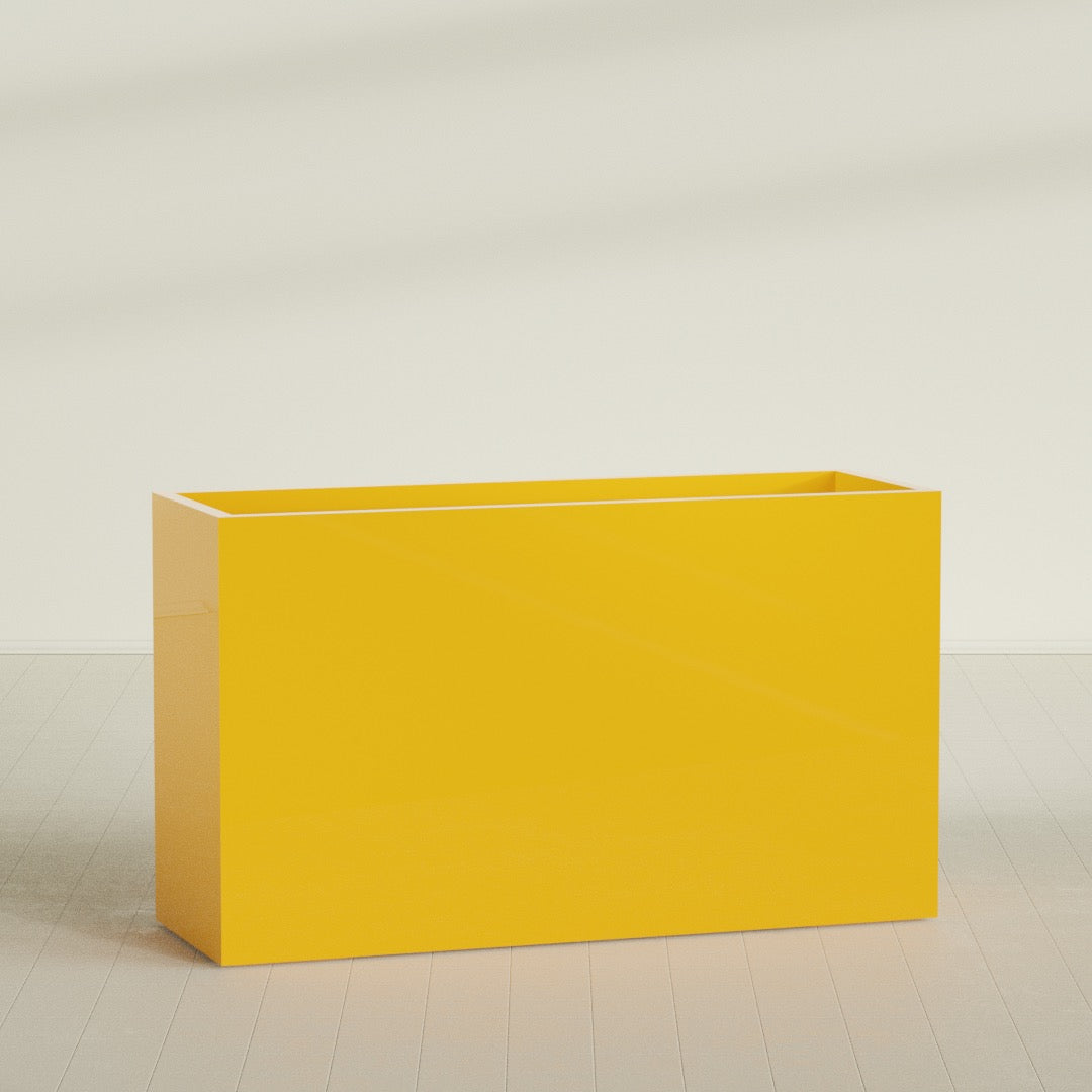 Darwin Rectangular Planter in Gloss Saffron, 72"L × 24"D × 42"H, shown empty