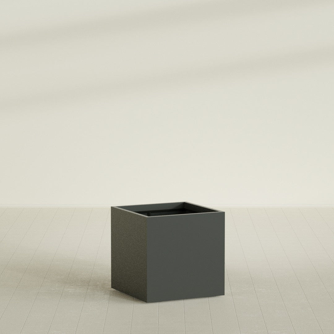 Montroy Cube Planter in Matte Charcoal, 32", shown empty