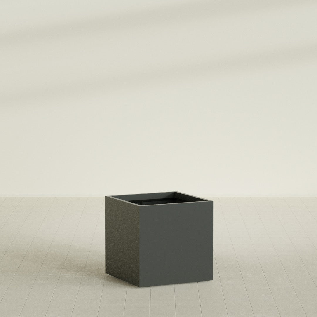Montroy Cube Planter in Matte Charcoal, 32", shown empty