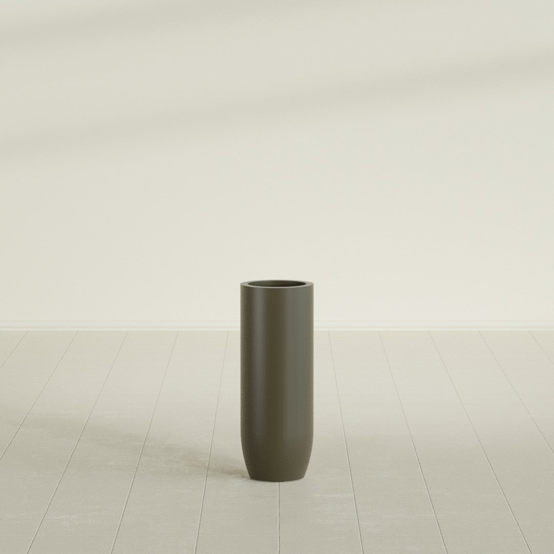 Saint Tropez Bullet Round Planter in Matte Bronze, 12"D × 32"H, shown empty