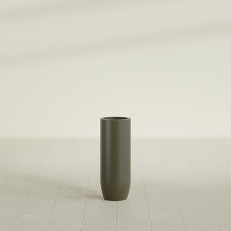 Saint Tropez Bullet Round Planter in Matte Bronze, 12"D × 32"H, shown empty