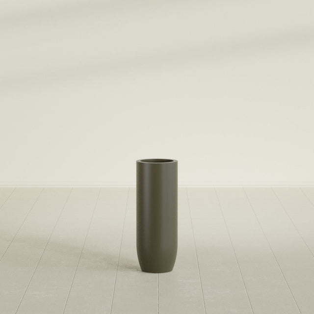 Saint Tropez Bullet Round Planter in Matte Bronze, 12"D × 32"H, shown empty