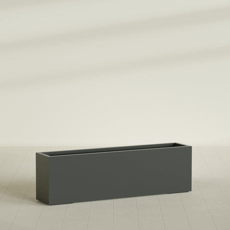 Miami Narrow Rectangular Planter in Matte Charcoal, 60"L × 12"D × 18"H, shown empty