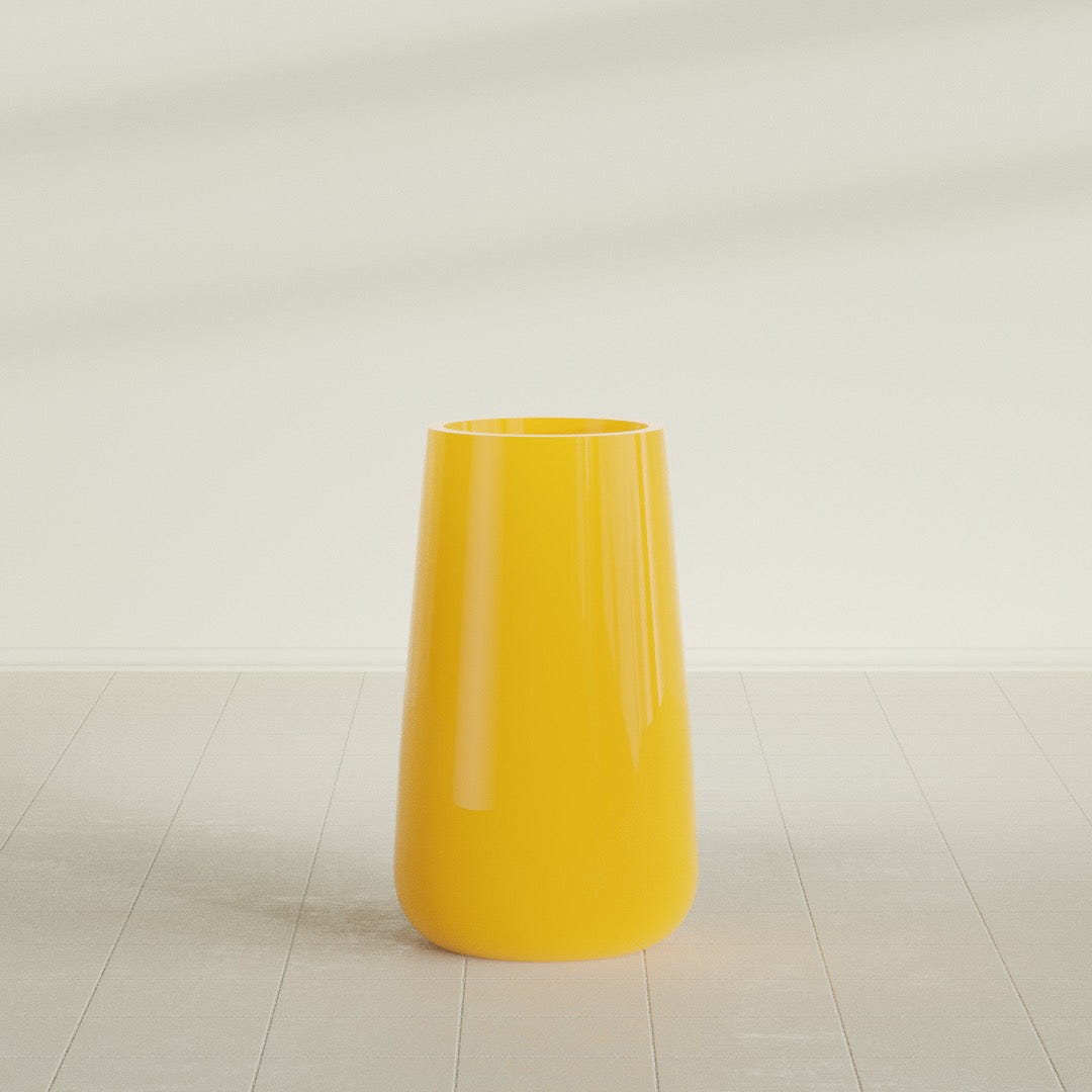 Saigon Tapered Round Planter in Gloss Saffron, 19"D × 42"H, shown empty
