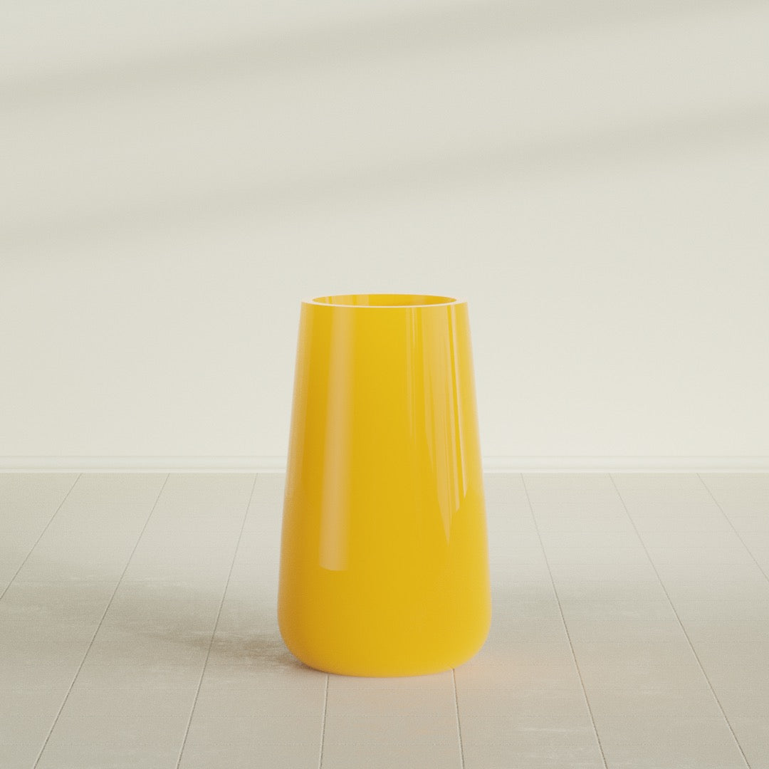 Saigon Tapered Round Planter in Gloss Saffron, 19"D × 42"H, shown empty