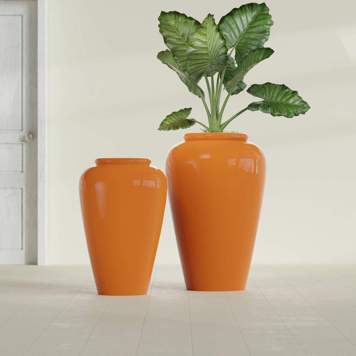 Barà Jar fiberglass planter in Gloss Tangerine, size range, in a sunlit interior