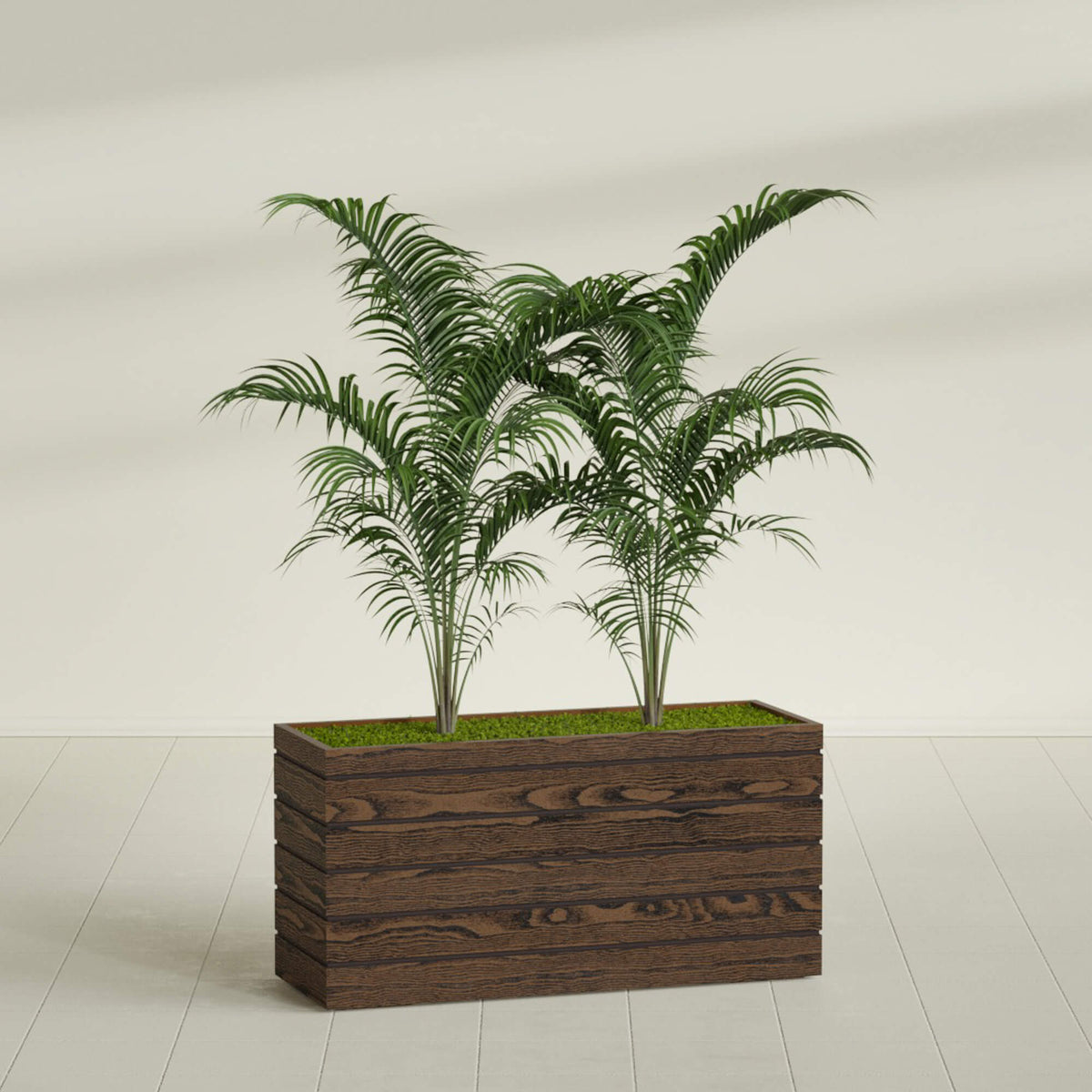 Siena wood-look rectangular fiberglass planter in a sunlit interior, planted