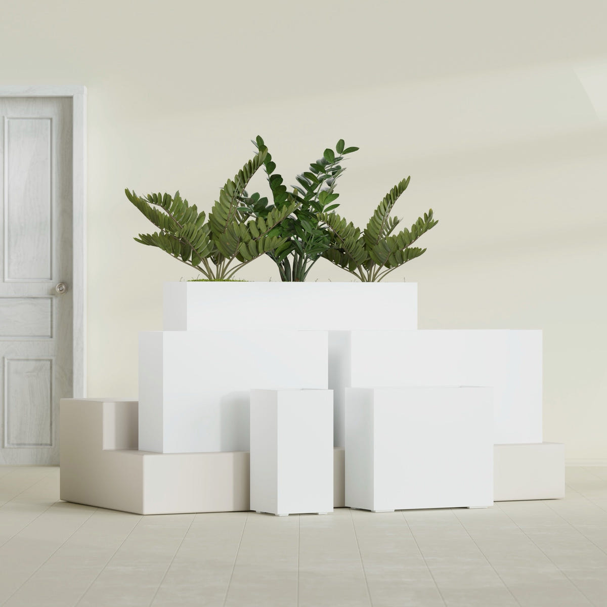 Potsdam Rectangular fiberglass planter in Matte Bright White, size range, in a sunlit interior
