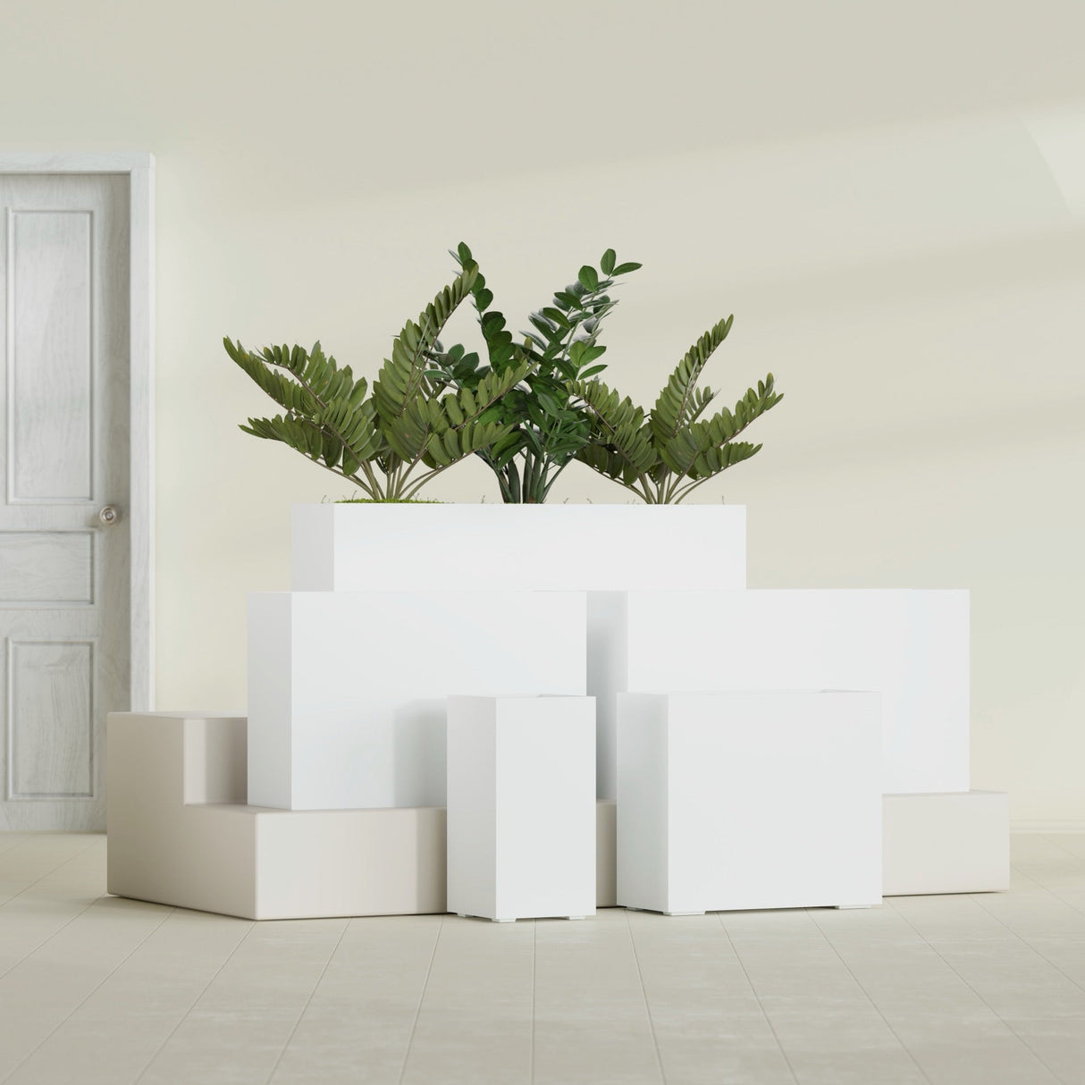 Potsdam Corner fiberglass planter in Matte Bright White, size range, in a sunlit interior