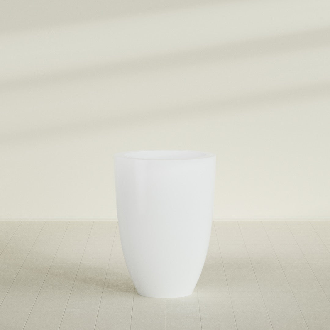 Brannan Tapered Round Planter in Matte Bright White, 30"D × 41"H, shown empty