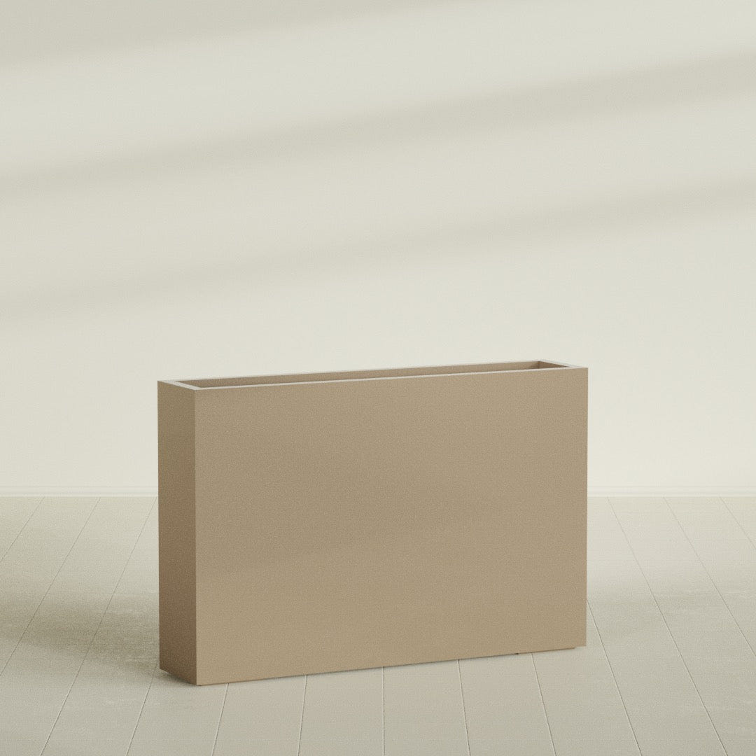 Amesbury Narrow Rectangular Planter in Gloss Metallic Gold, 48"L × 10"D × 32"H, shown empty