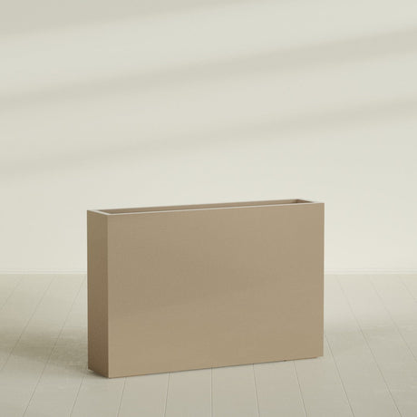Amesbury Narrow Rectangular Planter in Gloss Metallic Gold, 48"L × 10"D × 32"H, shown empty