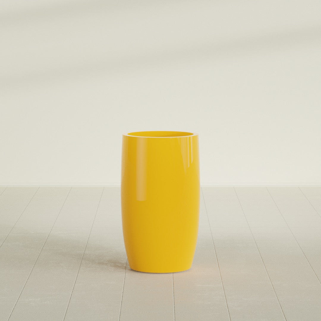 Lisbon tall round tapered fiberglass planter in Gloss Saffron, 18 in diameter, 32 in high, shown empty