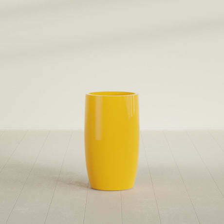 Lisbon tall round tapered fiberglass planter in Gloss Saffron, 18 in diameter, 32 in high, shown empty