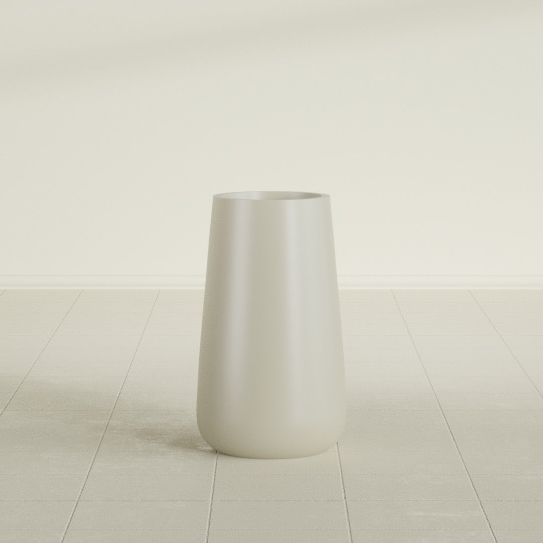 Saigon Tapered Round Planter in Satin Beige, 14"D × 30"H, shown empty