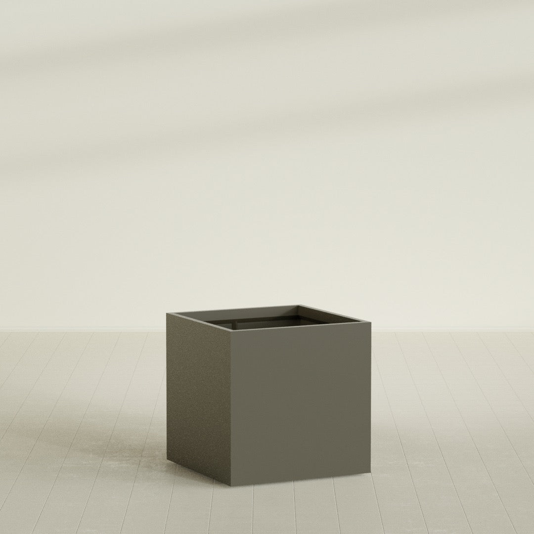 Montroy Cube Planter in Matte Bronze, 36", shown empty