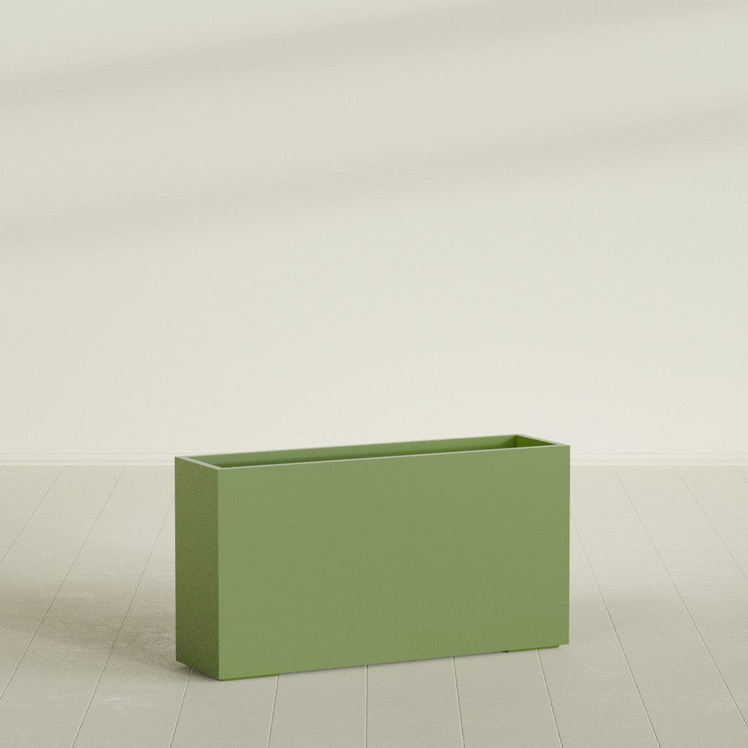 Potsdam Rectangular Planter in Satin Green, 60"L × 16"D × 32"H, shown empty