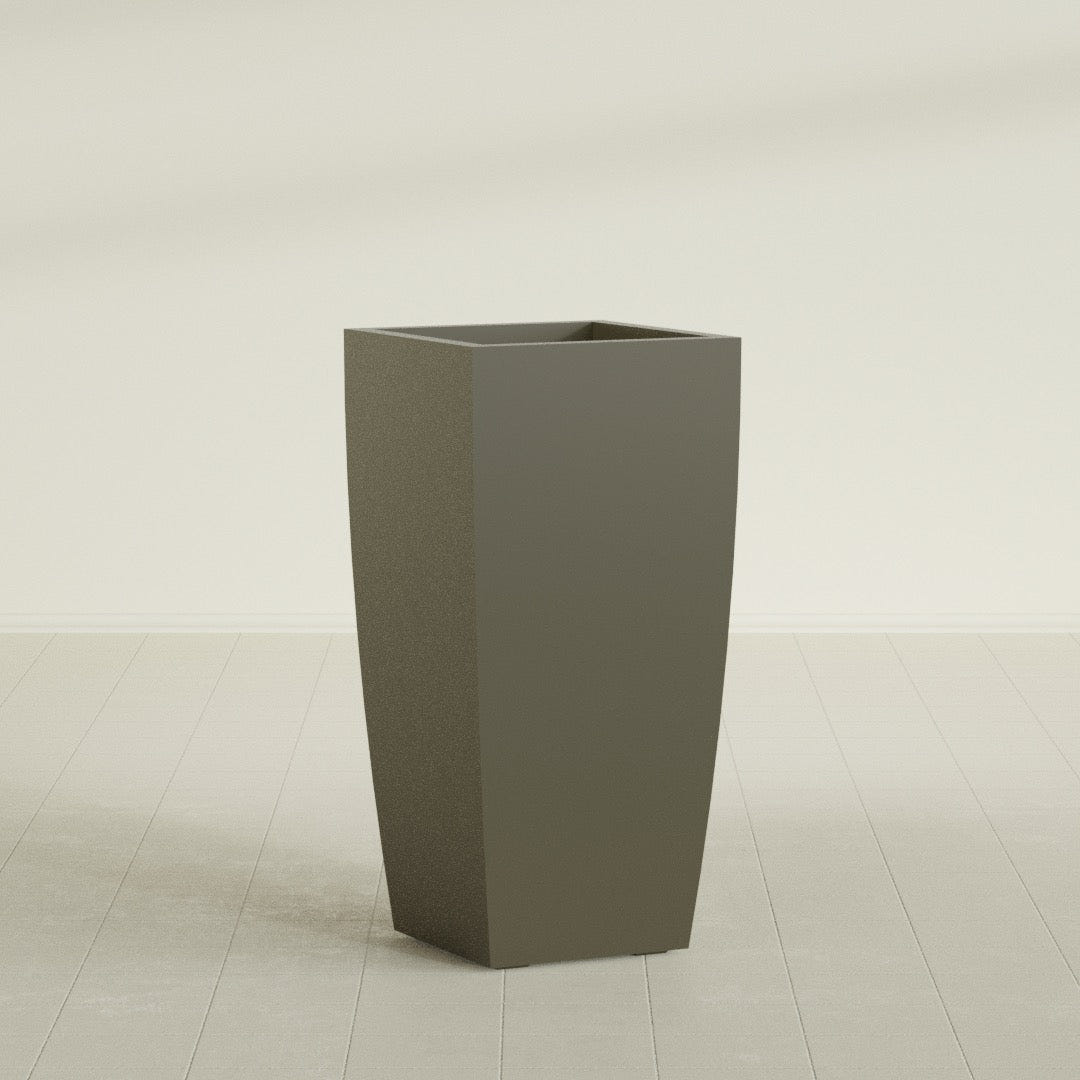 Toulan Tapered Square Planter in Matte Bronze, 20"W × 42"H, shown empty
