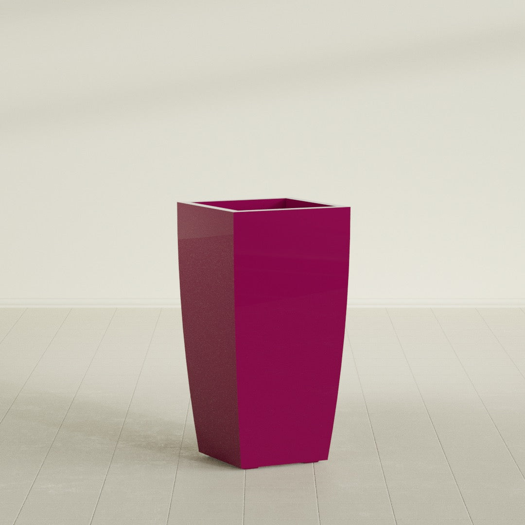 Toulan Tapered Square Planter in Gloss Eggplant, 18"W × 36"H, shown empty