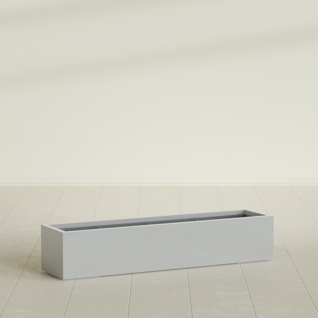 Cuba Low Rectangular Planter in Metallic Silver, 60"L × 14"D × 12"H, shown empty