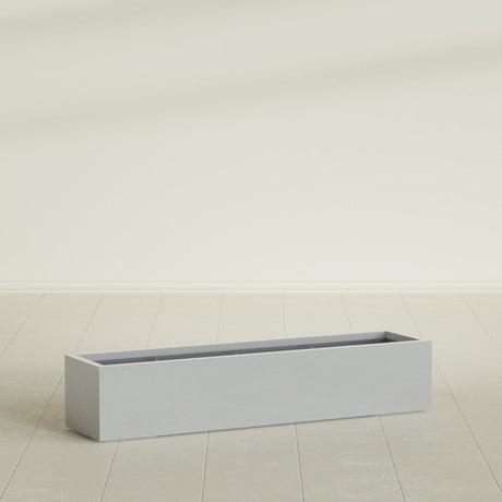 Cuba Low Rectangular Planter in Metallic Silver, 60"L × 14"D × 12"H, shown empty