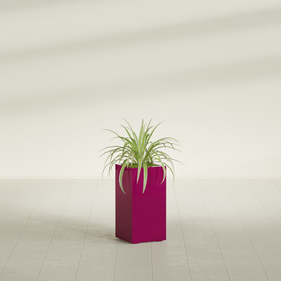 Hollywood Narrow Rectangular fiberglass planter in Gloss Eggplant, shown planted, in a sunlit interior