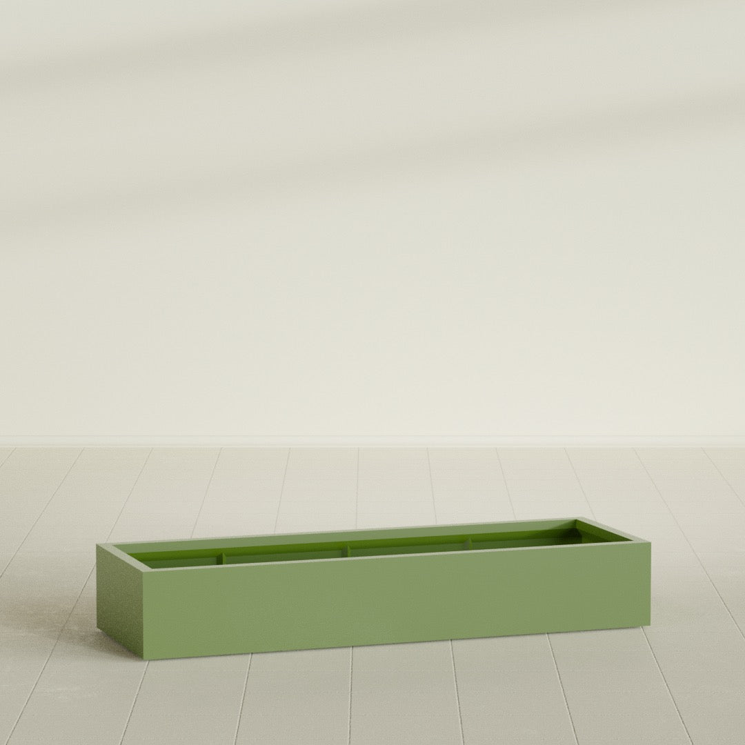 Antwerp Rectangular Planter in Satin Green, 72"L × 24"D × 12"H, shown empty