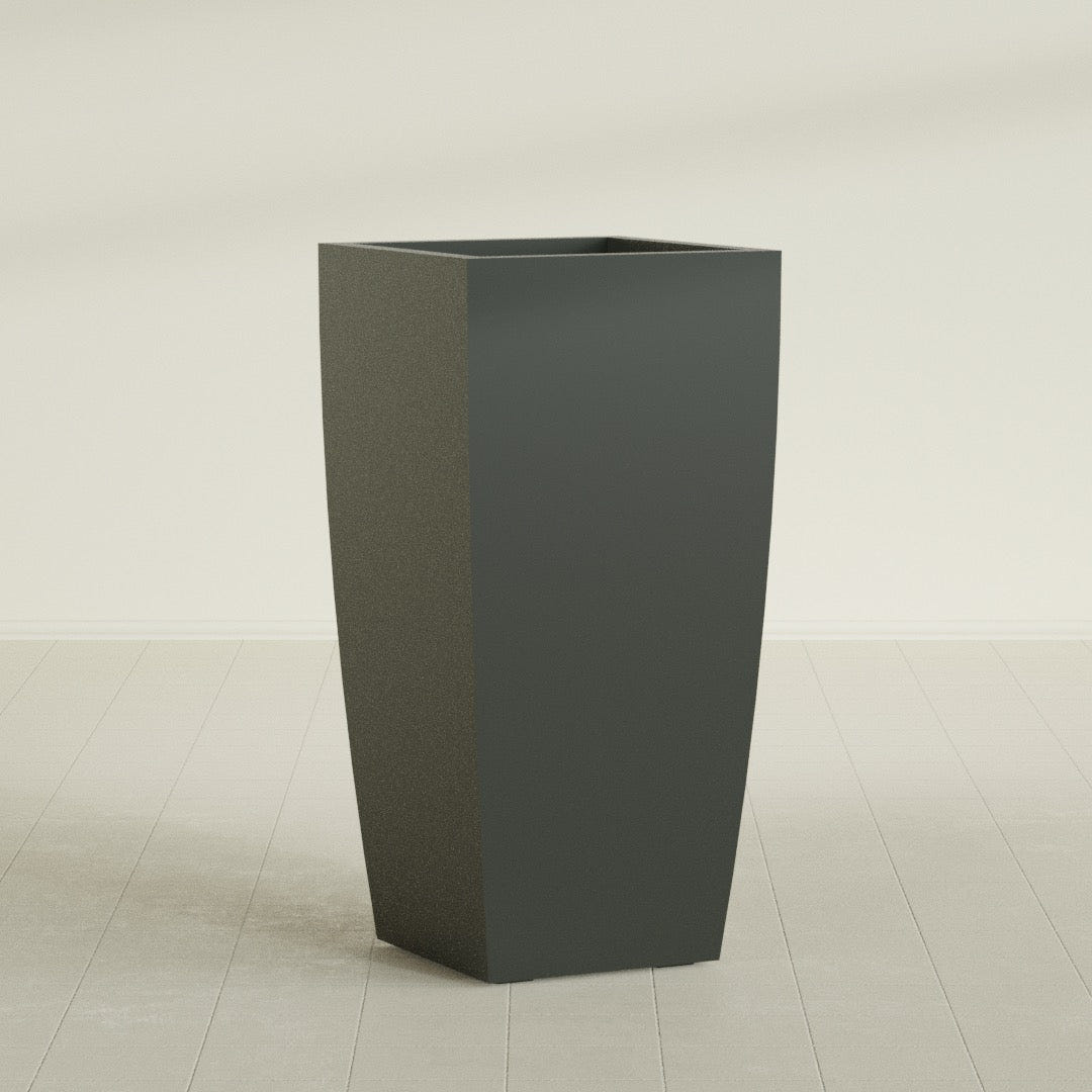Toulan Tapered Square Planter in Matte Charcoal, 23"W × 48"H, shown empty