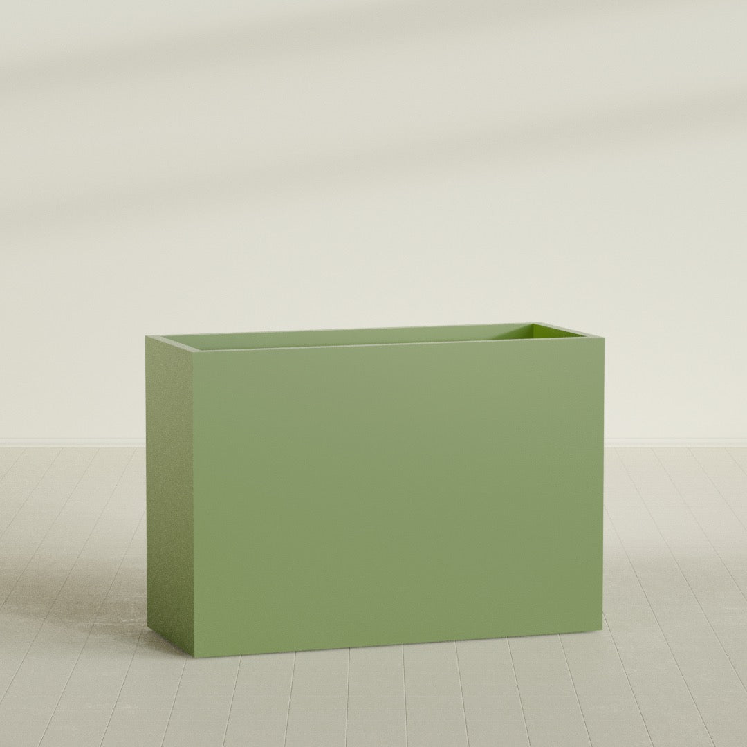 Darwin Rectangular Planter in Satin Green, 60"L × 24"D × 42"H, shown empty