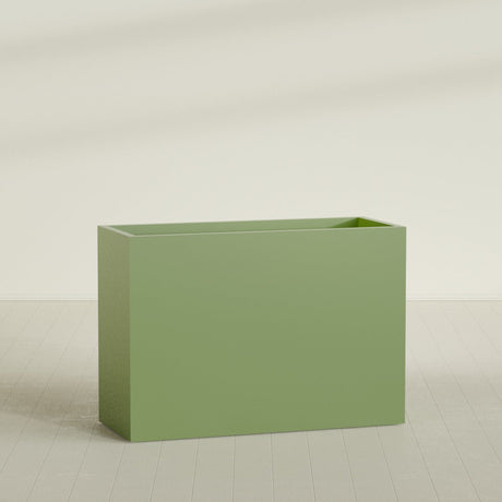 Darwin Rectangular Planter in Satin Green, 60"L × 24"D × 42"H, shown empty