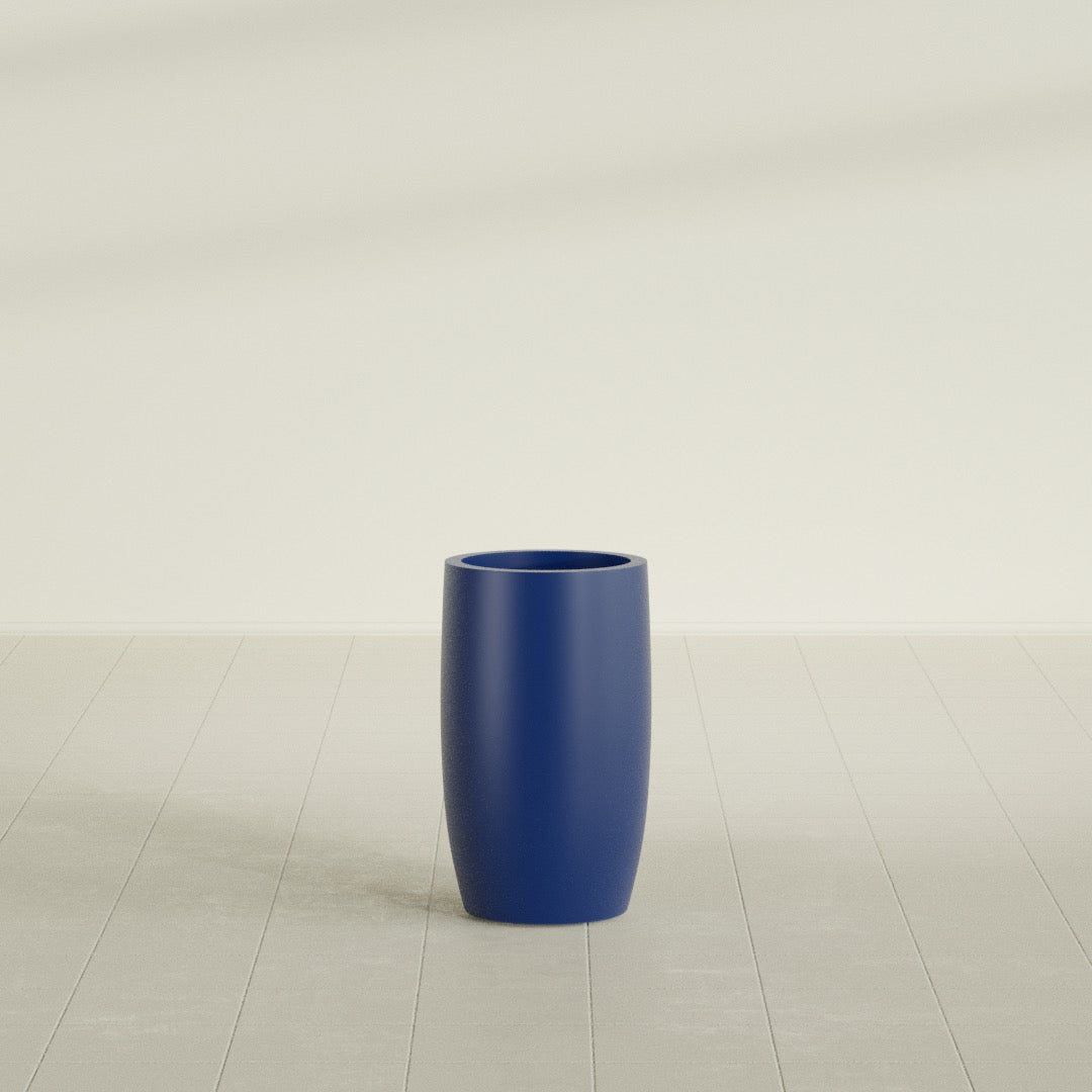 Lisbon tall round tapered fiberglass planter in Matte Cobalt Blue, 14 in diameter, 25 in high, shown empty