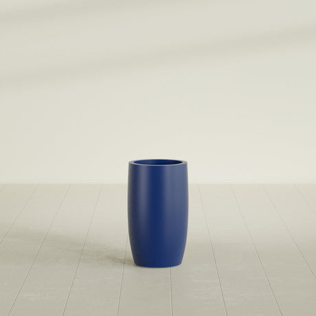 Lisbon tall round tapered fiberglass planter in Matte Cobalt Blue, 14 in diameter, 25 in high, shown empty