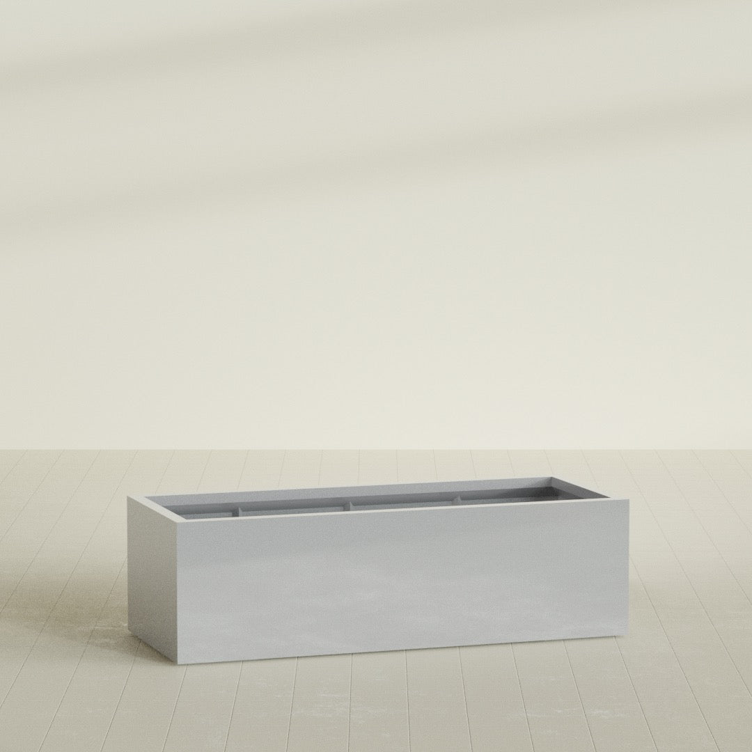 Torino Wide Rectangular Planter in Metallic Silver, 60"L × 24"D × 18"H, shown empty