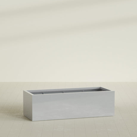 Torino Wide Rectangular Planter in Metallic Silver, 60"L × 24"D × 18"H, shown empty