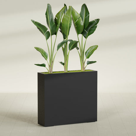 Amesbury Narrow Rectangular fiberglass planter in Matte Black, shown planted, in a sunlit interior