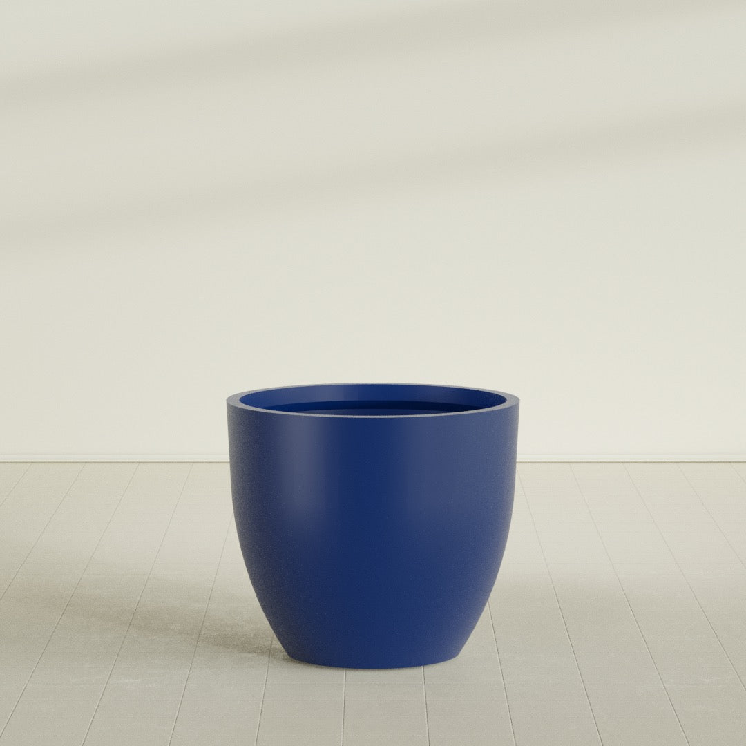 Wannsee Round Planter in Matte Cobalt Blue, 44"D × 39"H, shown empty