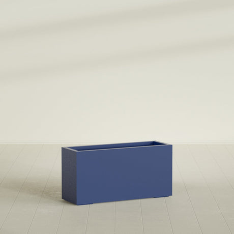 Miami Narrow Rectangular Planter in Matte Cobalt Blue, 36"L × 12"D × 18"H, shown empty