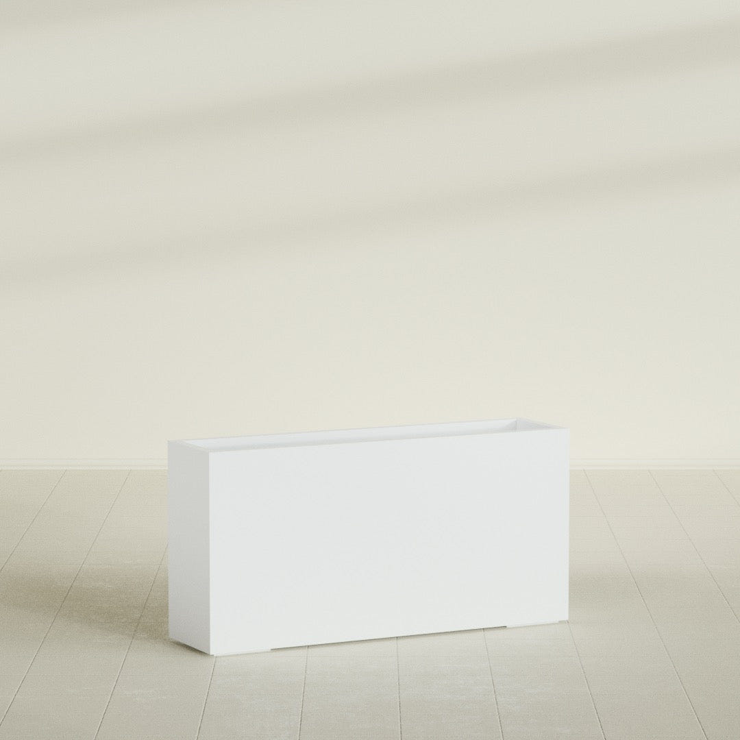 Hollywood Narrow Rectangular Planter in Matte Bright White, 48"L × 12"D × 24"H, shown empty