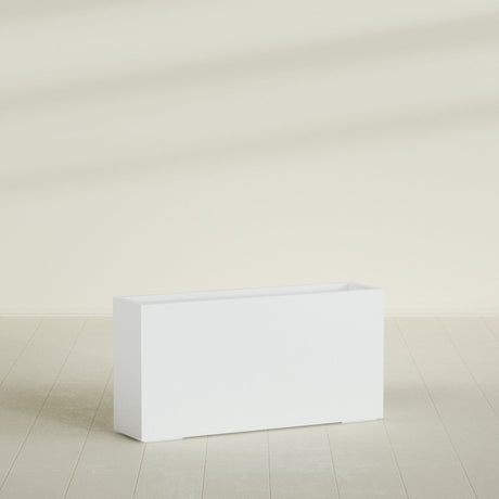 Hollywood Narrow Rectangular Planter in Matte Bright White, 48"L × 12"D × 24"H, shown empty
