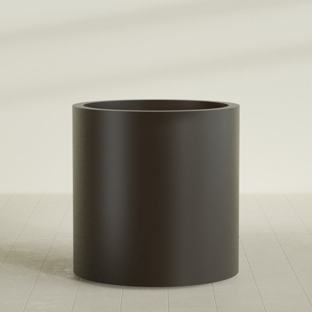 Rio Grande Cylinder Planter in Matte Dark Brown, 30"D × 32"H, shown empty