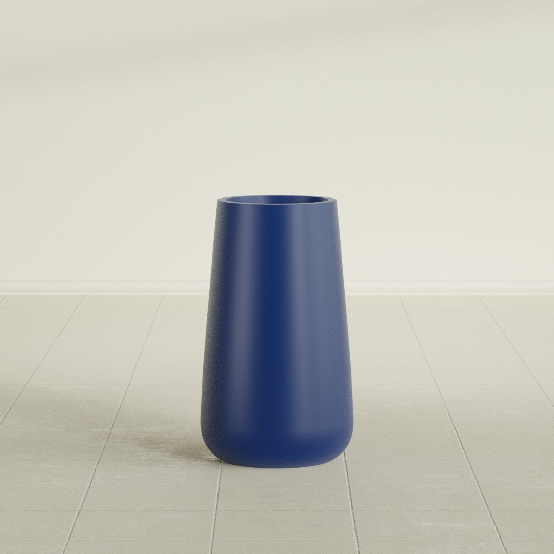 Saigon Tapered Round Planter in Matte Cobalt Blue, 14"D × 30"H, shown empty