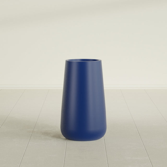 Saigon Tapered Round Planter in Matte Cobalt Blue, 14"D × 30"H, shown empty