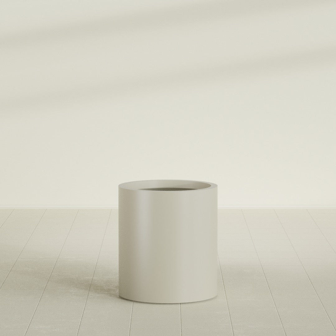 Rio Grande Cylinder Planter in Satin Beige, 18"D × 20"H, shown empty