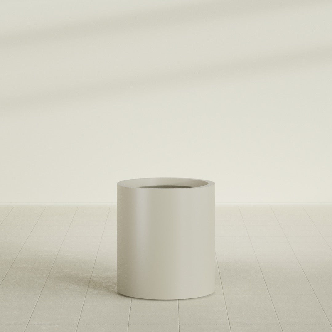 Rio Grande Cylinder Planter in Satin Beige, 18"D × 20"H, shown empty