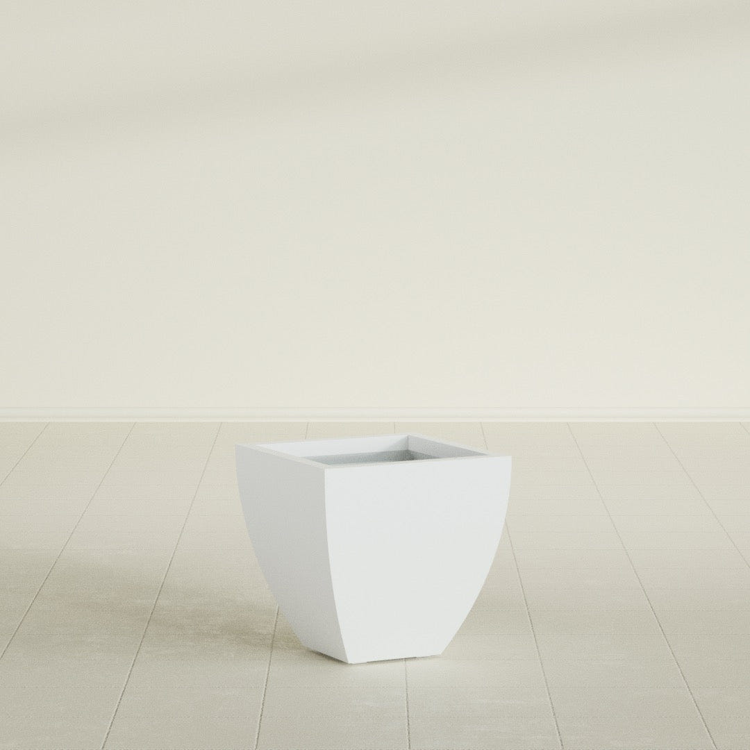 Lima Tapered Square Planter in Matte Bright White, 16", shown empty