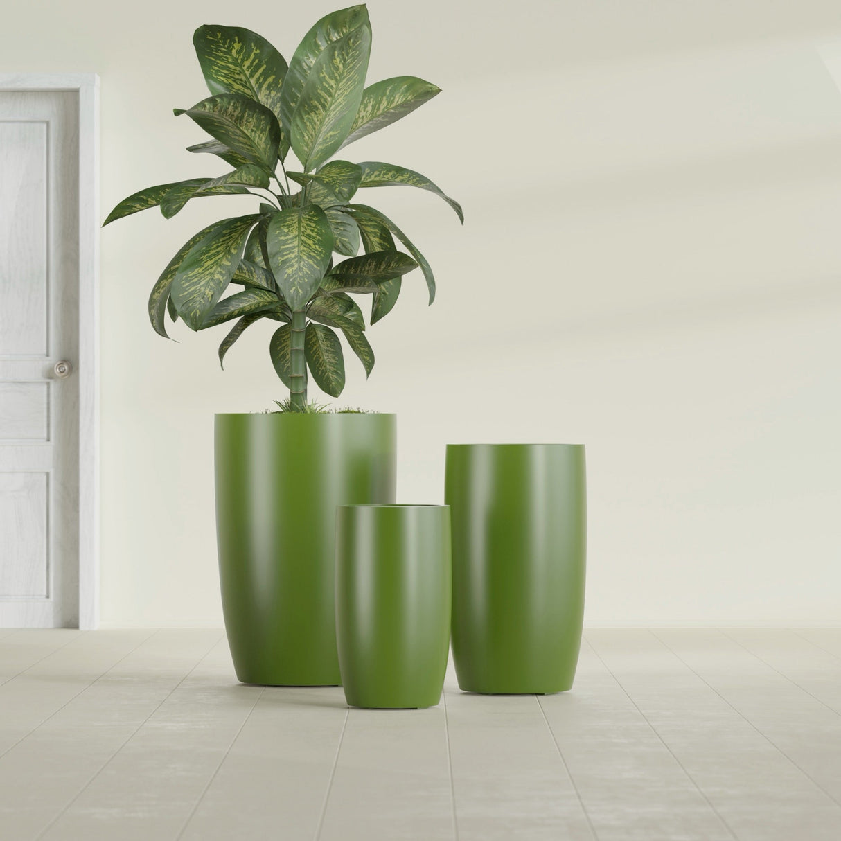 Lisbon Tall Round fiberglass planter in Satin Green, size range, in a sunlit interior