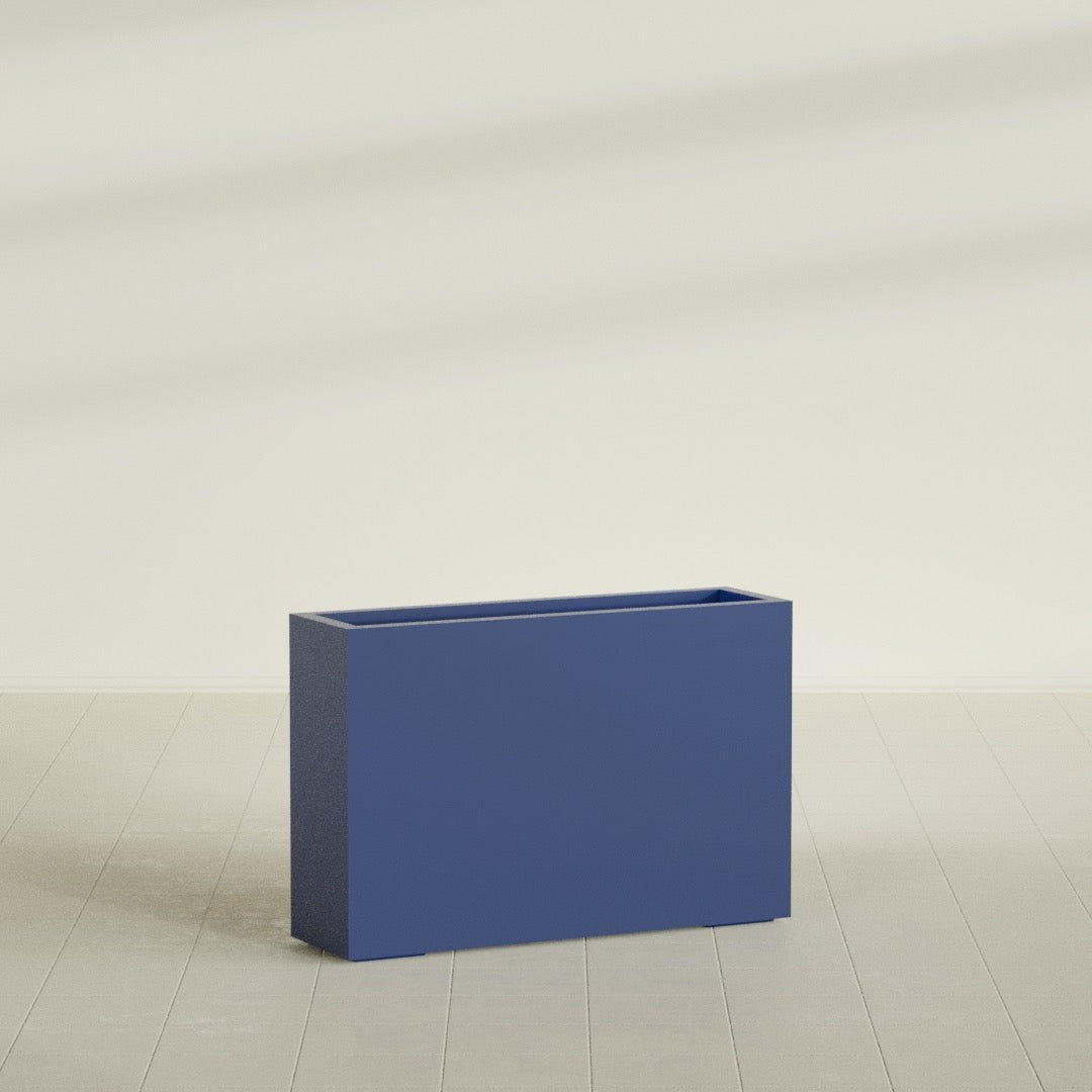 Milano Narrow Rectangular Planter in Matte Cobalt Blue, 36"L × 10"D × 24"H, shown empty