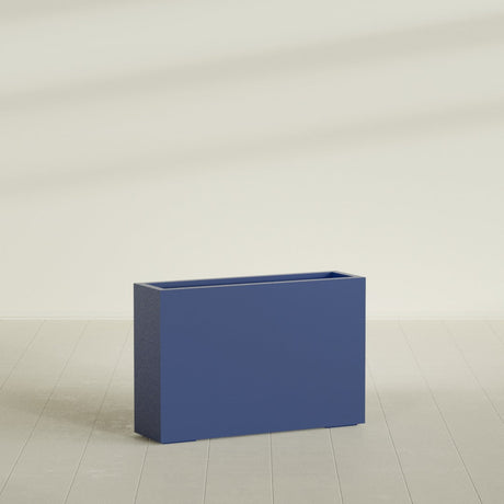 Milano Narrow Rectangular Planter in Matte Cobalt Blue, 36"L × 10"D × 24"H, shown empty