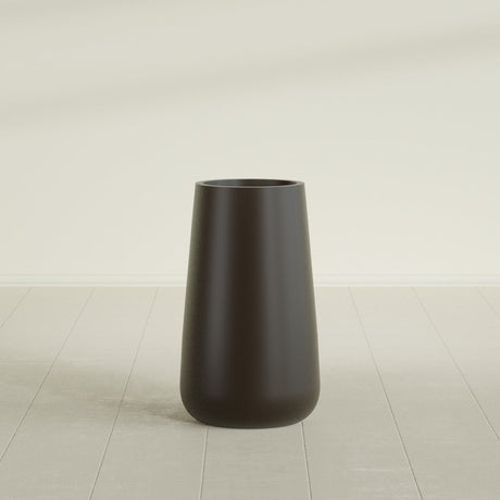 Saigon Tapered Round Planter in Matte Dark Brown, 16"D × 36"H, shown empty