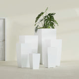 Toulan Tapered Square fiberglass planter in Matte Bright White, size range, in a sunlit interior